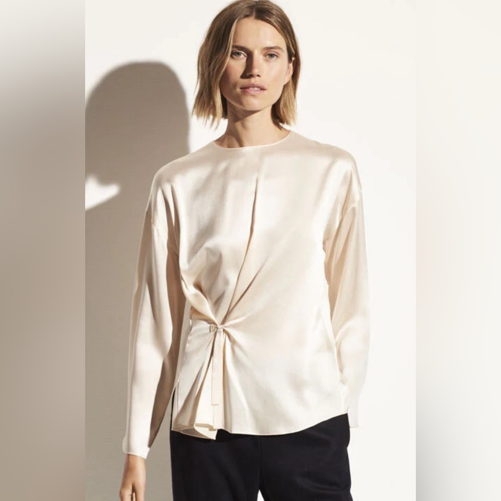 Vince Chiffon Front knot silk blouse in creme color